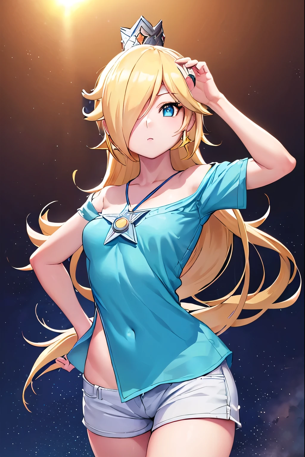 Rosalina, Rosalina, cabelo loiro, olhos azuis, cabelo sobre um olho, cabelo longo,seios pequenos, micro shorts, Calção branco, lower parte of the breasts showing, blouse lifted showing parte of the breasts, barriga aparecendo, coroa, Brincos, joia, princess , star Brincos, QUEBRAR night, night céu, céu, star\ (céu\), star \(símbolo\), espaço, Sol, QUEBRAR looking at the viewer, (foto de vaqueiro: 1.5), QUEBRAR (arte: 1.2 ), melhor qualidade, Alta resolução, papel de parede de unidade 8k, (artework: 0.8), (lindos olhos detalhados: 1.6), rosto extremamente detalhado, iluminação perfeita, CG extremamente detalhado, (mãos perfeitas, anatomia perfeita),