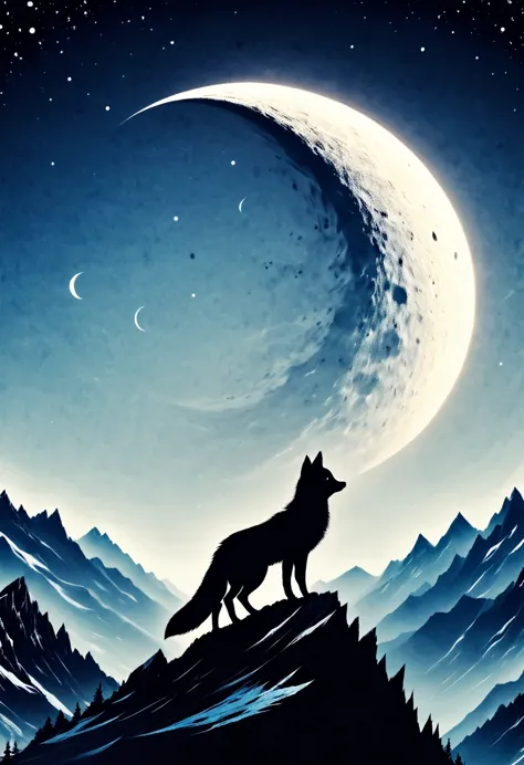 Arctic fox on top of mountain,look up at the moon,Dream,contour,minimalist,Gothic