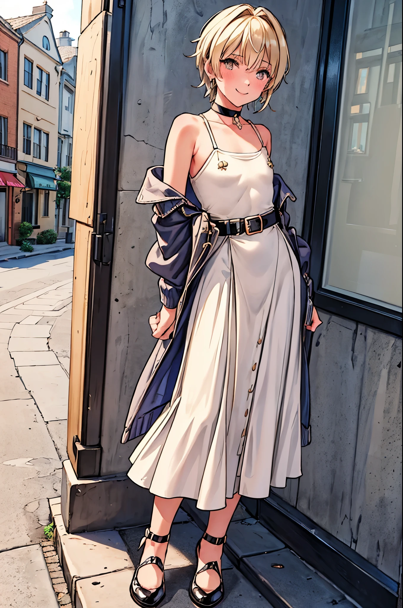 Anime - style woman in white dress standing on sidewalk in front of  building - SeaArt AI