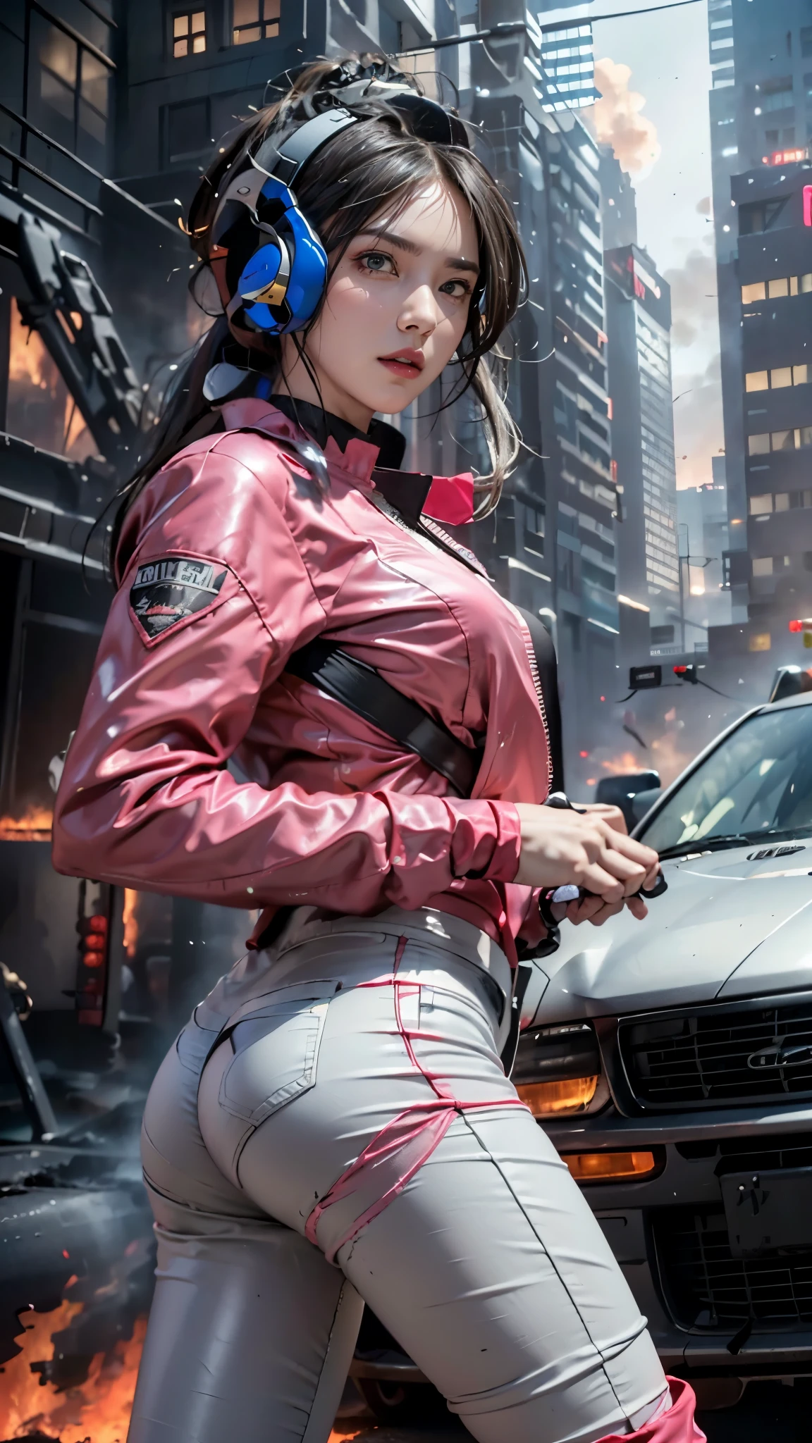 (lifelike, ultra high definition), ((close up:1, looking at the audience)), soft light,1 policewoman, night city, (Detailed face), (pink发型短发: 1.3), (Fabric color is silver、black、pink、red、White), Futuristic racing suit, clothing like streetwear, badge, High-tech headphones, black軍腰帶, racing gloves, Hot pants or low pants , Holding a pistol, "", ((Crashed car in the background, Burning car, Fire background, explode, Running spectators)),