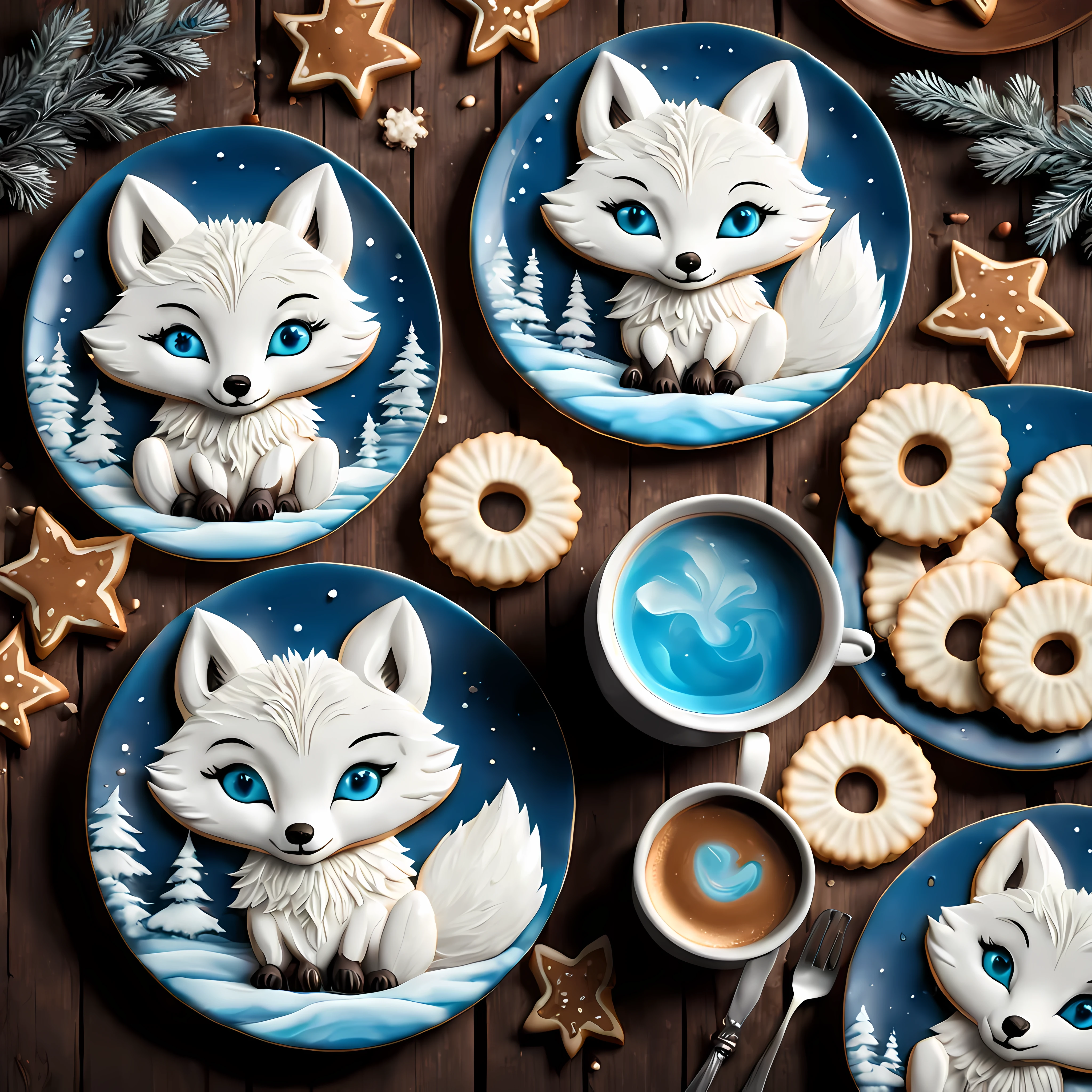 Cute cartoon style, masterpiece in maximum 16K resolution, close up of majestic cookies (shaped as arctic foxes). | (On an elegant rustic plate), a hot coffee. | Vivid blue eyes, delicate nature ornate. | ((More_Details))