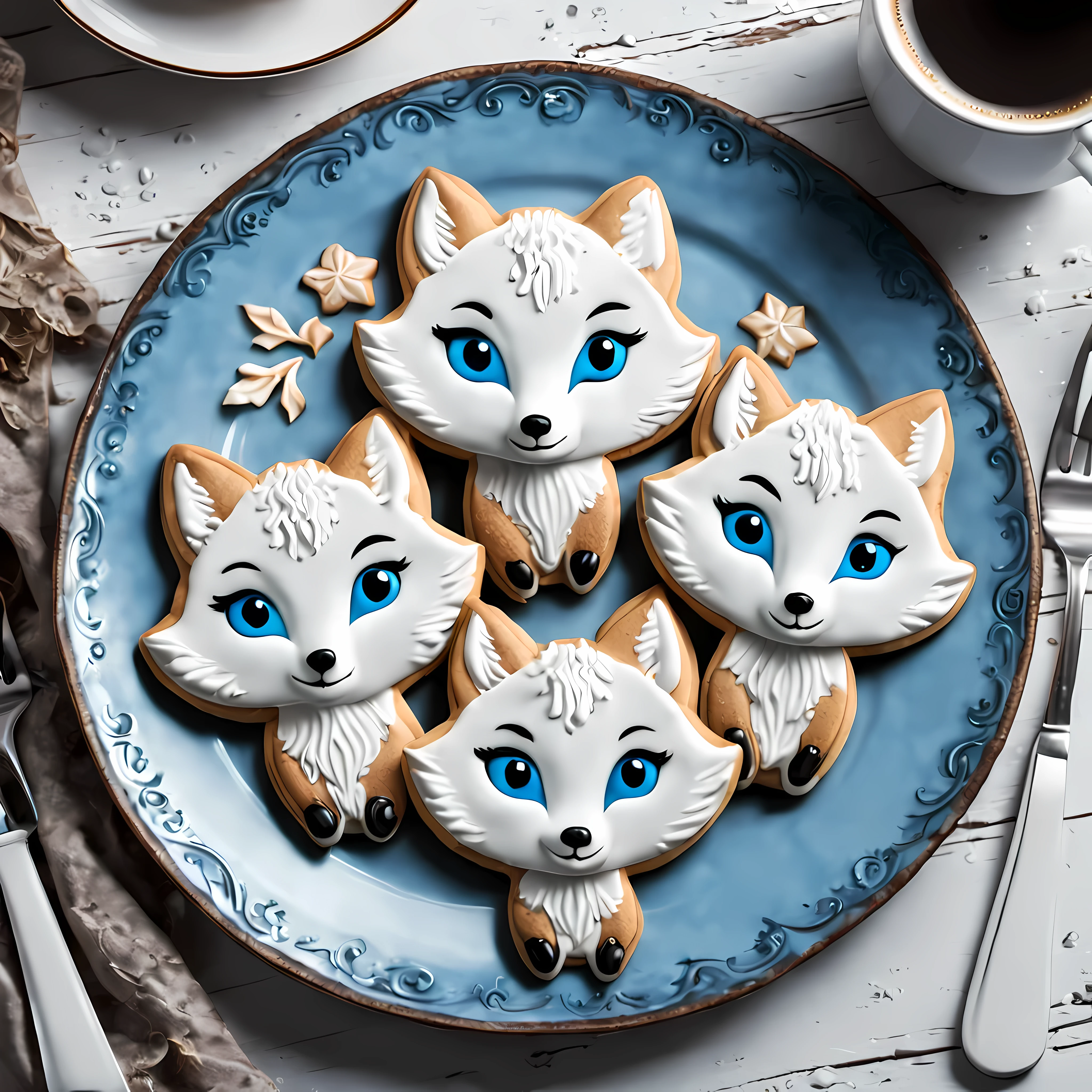 Cute cartoon style, masterpiece in maximum 16K resolution, close up of majestic cookies (shaped as arctic foxes). | (On an elegant rustic plate), a hot coffee. | Vivid blue eyes, delicate nature ornate. | ((More_Details))