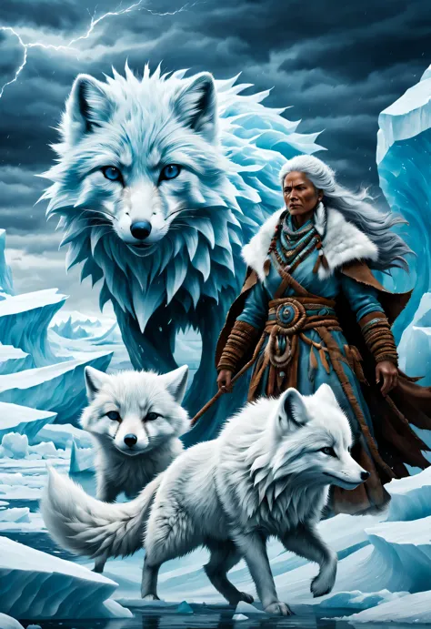 a light blue arctic fox and a female shaman with wrinkled brown skin，arctic icebergs，violent storms，perseverance，epic graphics，u...