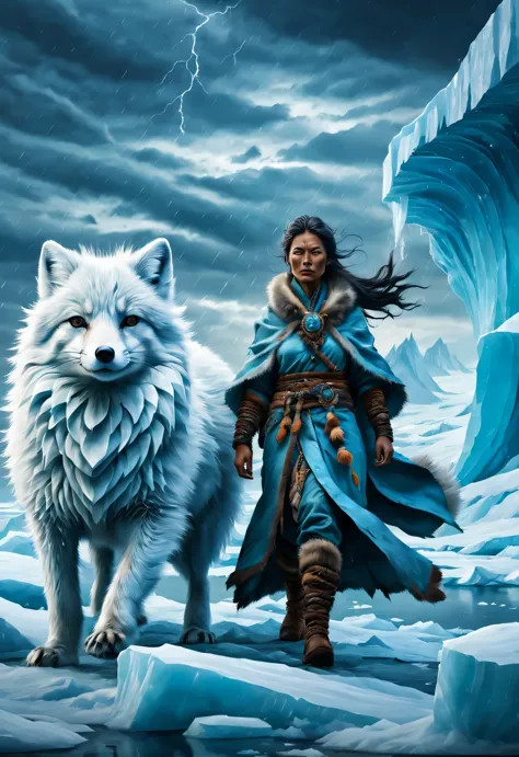 a light blue arctic fox and a female shaman with wrinkled brown skin，arctic icebergs，violent storms，perseverance，epic graphics，u...