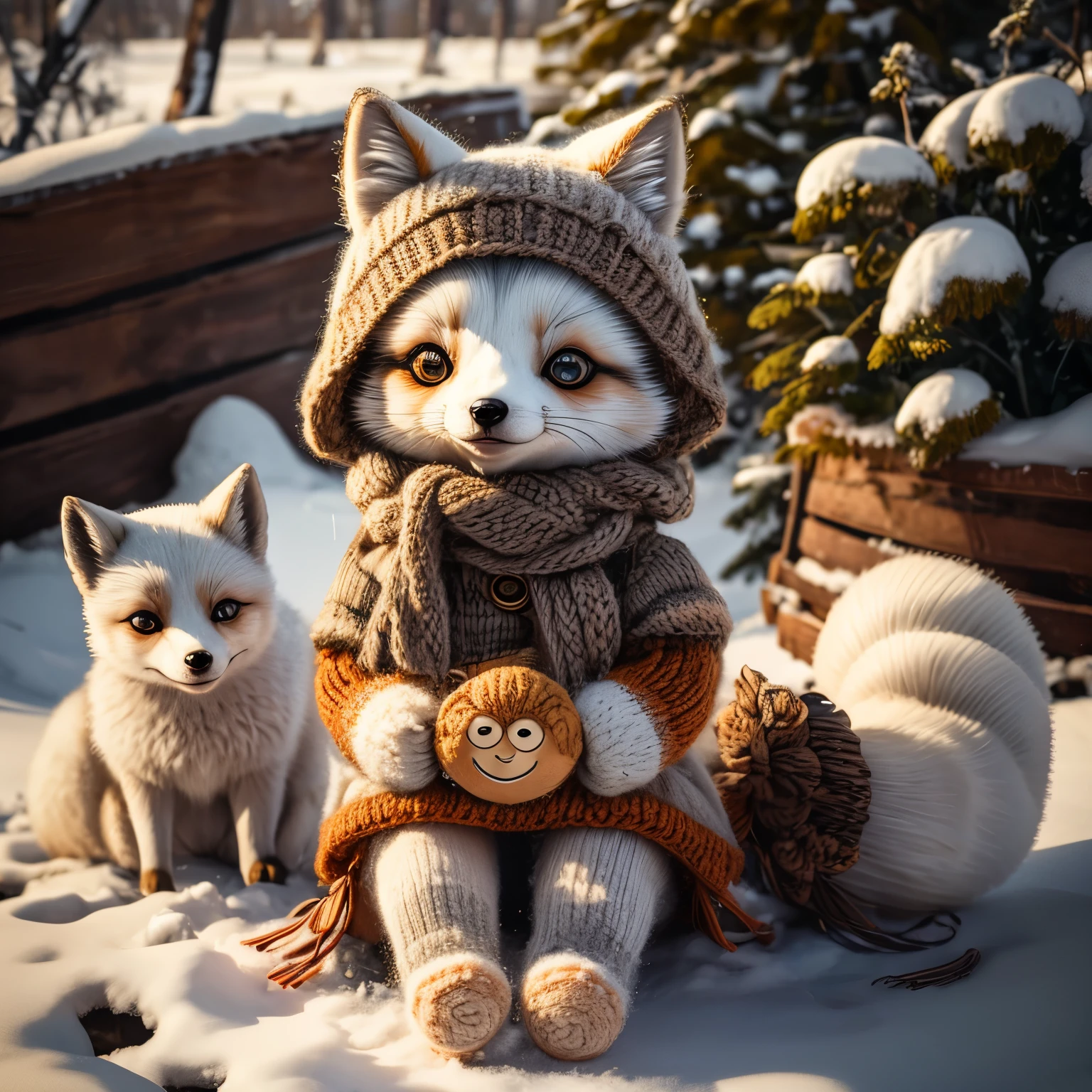 (La best quality,high resolution,super detailed,actual),Cute knitted arctic fox，in the snow，smiley face，（（A masterpiece full of fantasy elements）））， （（best quality））， （（intricate details））（8k）