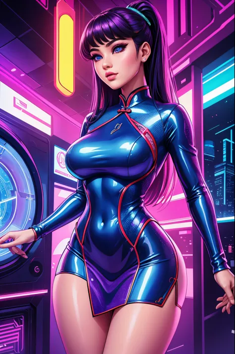 A digital girl, partly hologram, wearing a saxy Cheongsam dress, surrounded by vibrant colors and neon lights. Lit by soft studi...