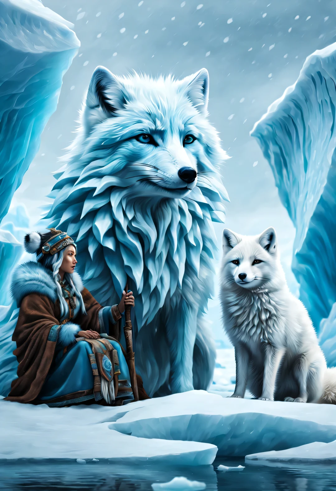 (A light blue arctic fox and a female shaman with wrinkled brown skin），Arctic icebergs，it&#39;Snowing，perseverance，epic graphics，ultra high definition，high quality，beautiful details