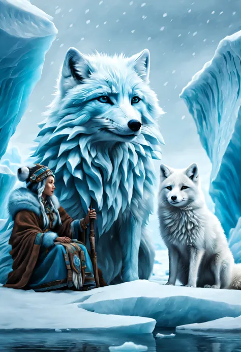 (A light blue arctic fox and a female shaman with wrinkled brown skin），Arctic icebergs，it&#39;Snowing，perseverance，epic graphics...