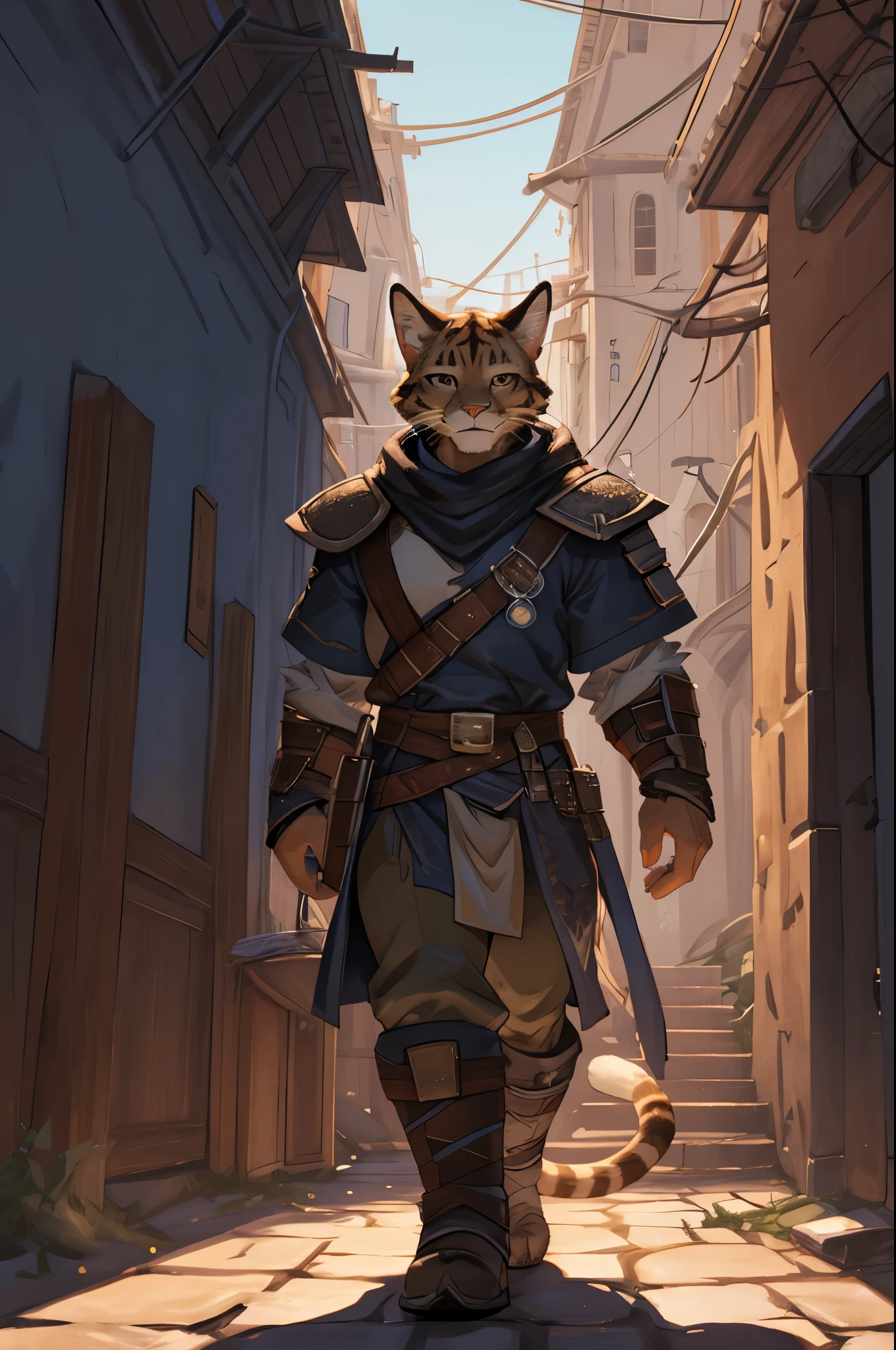 A cat walking down a narrow alley with a sword in its hand - SeaArt AI