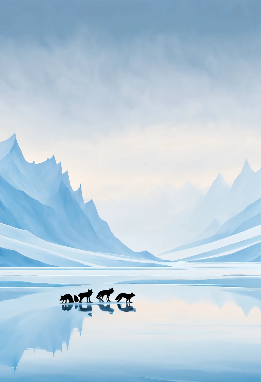 미니멀리스트 스트라이프 페인팅, 안개가 자욱한 빙원, 물 속의 북극 여우 실루엣 - 혼돈