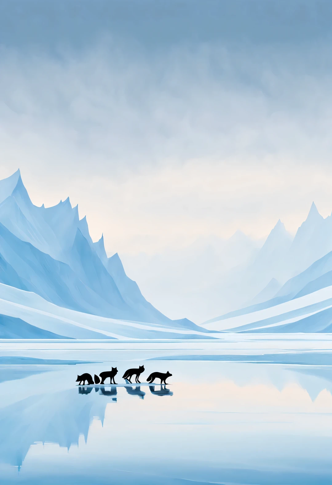 pintura de rayas minimalista, campos de hielo brumosos, Silueta de zorro ártico en el agua - caos