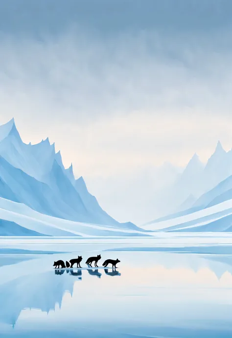 minimalist stripe painting, foggy ice fields, arctic fox silhouette in water - chaos