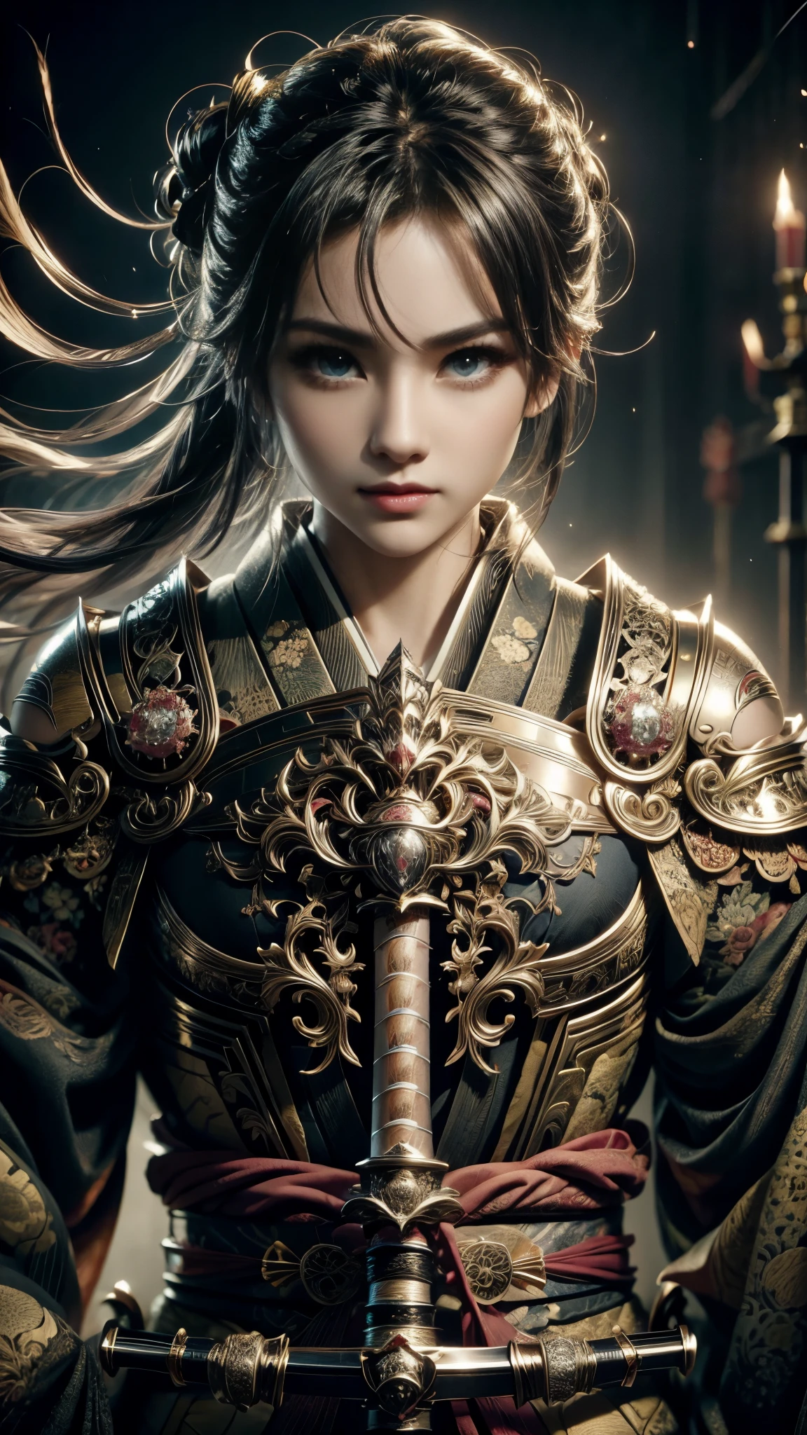 (RAW shooting:1.5, Photoreal:1.5, 8k, highest quality, masterpiece, ultra high resolution), Japan, world of magic and swords, perfect dynamic composition:1.2, Mysterious:1.3, Highly detailed skin and facial textures:1.3, Cute and sexy slim female swordsman, beautiful and aesthetic:1.2, cute and sexy beauty, perfect style, wear elaborate rings, Japanese Sword:1.3, fire, water, wind, thunder, ice, Fair skin, very beautiful face, (Medium chest, Chest gap), (embarrassing smile, The expression on your face when you feel intense caress, Facial expression when feeling pleasure), (wear kimono sexy:1.1, off shoulder), (beautiful blue eyes, Eyes that feel beautiful eros:0.8), (Too erotic:0.9, Bewitching:0.9), full body shot, Japan castle in the background