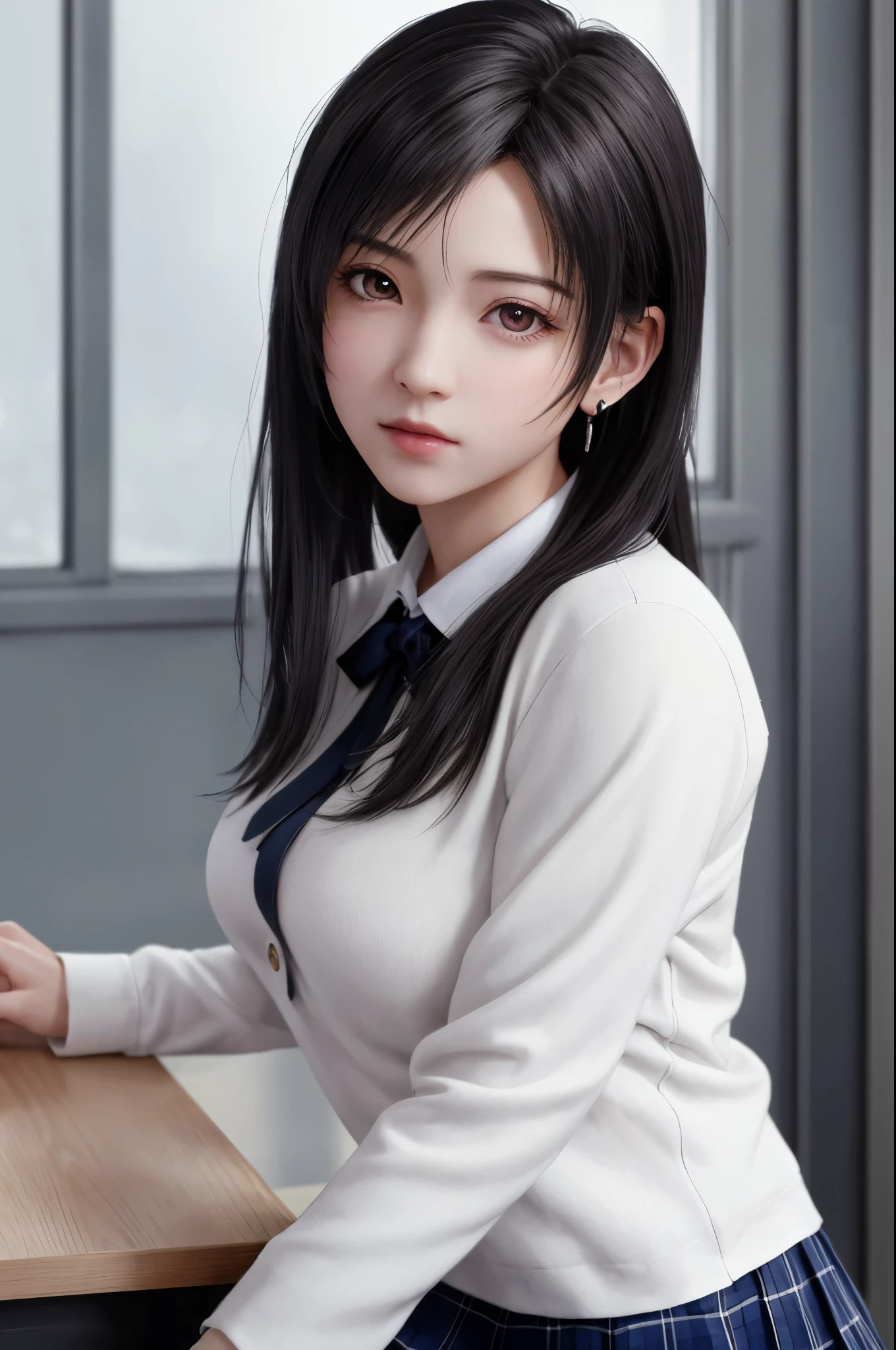 {top quality, masterpiece, ultra detailed}, (Realistic: 1.3), (photo Realistic: 1.3),wallpapers, BREAK {from below},(((FF7,Tifa_lockhart))),{{{Japanese JK uniform, collared school shirt, long-sleeved, Navy Blue Plaid Pleated mini-Skirt}}}, {{high school, classroom}}, Cinematic lighting, sunset ,{{cool pose, Nogizaka idol}}, Ultra-detailed face, Detailed eyes, Red eyes, BREAK (((FF7,Tifa_lockhart))),{black brown hair, Large breasts}, BREAK , About 18 years old, kawaii, sensual, looking at viewer,{{{face focus, lip close up}}},Challenging eyes, making fun of the viewer, mocking, look down, disdain