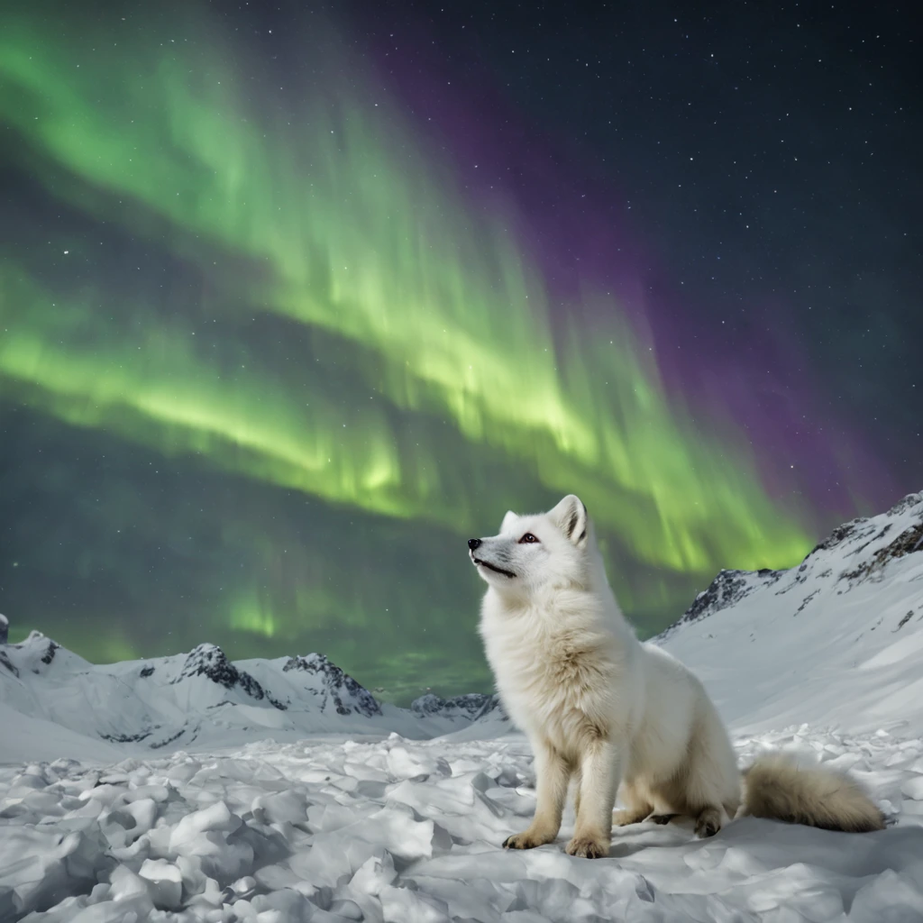 an arctic fox lookin up in sky, arctic fox, white fur, beautiful detailed eyes and face, night sky, aurora, imersive surroundings, snow-covered landscape, arctic forest, snowing, (best quality,highres),(realistic:1.37),wildlife photography,soft natural light,vivid colors, full shot, low angles
