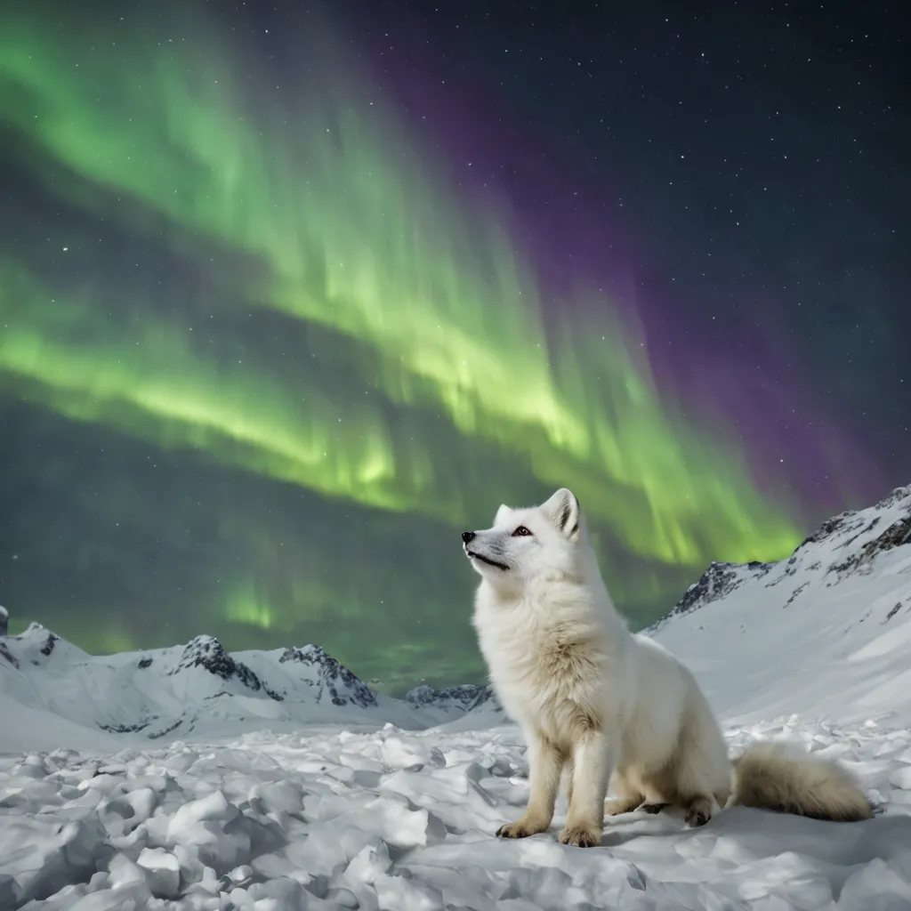 an arctic fox lookin up in sky, arctic fox, white fur, beautiful detailed eyes and face, night sky, aurora, imersive surrounding...