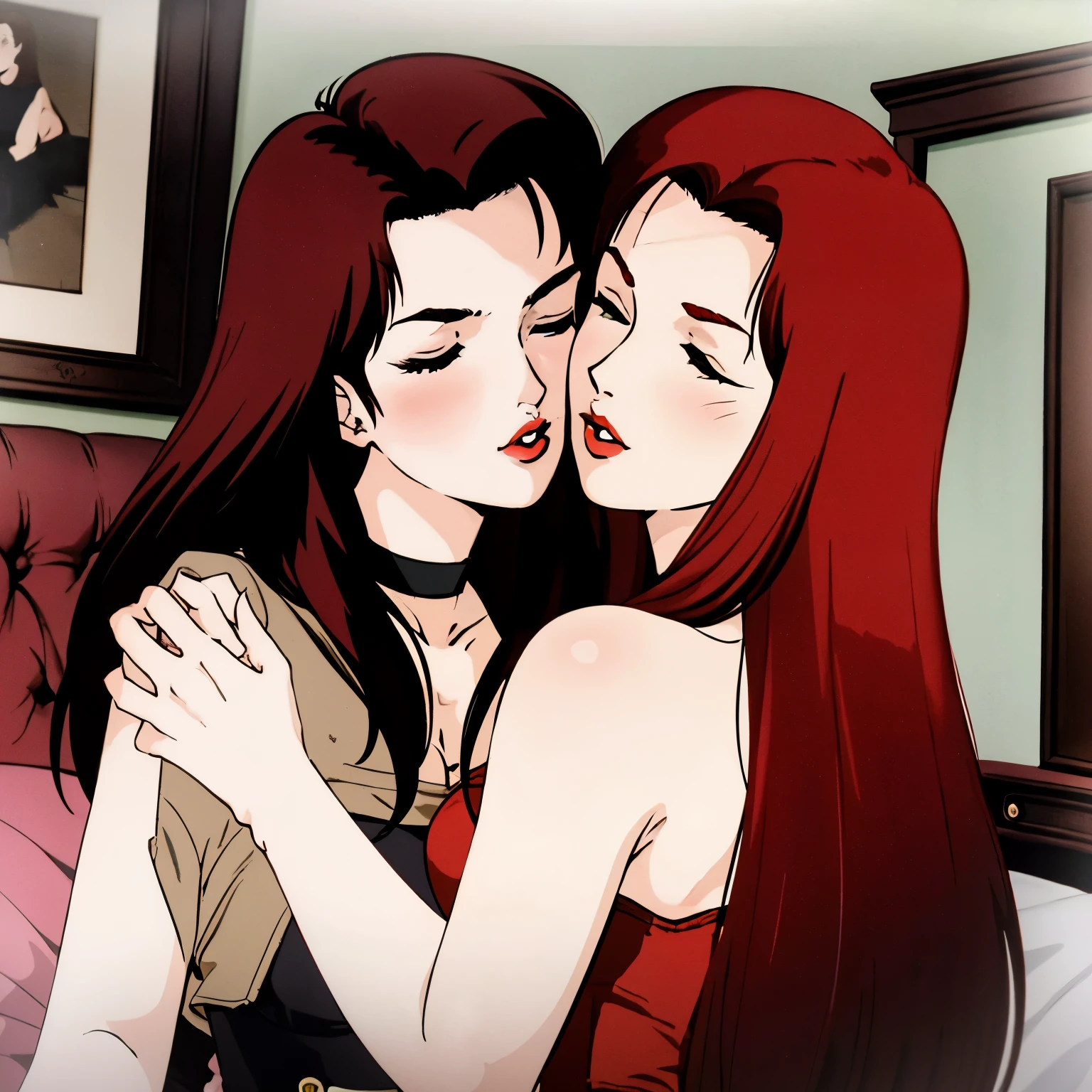 Anime image of two women hugging each other in a bedroom - SeaArt AI