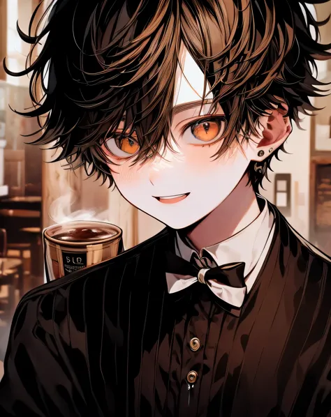 (highest quality, masterpiece:1.2),a young butler,rainbow,brown eyes,light brown hair,alone,Upper body,smile,coffee shop,