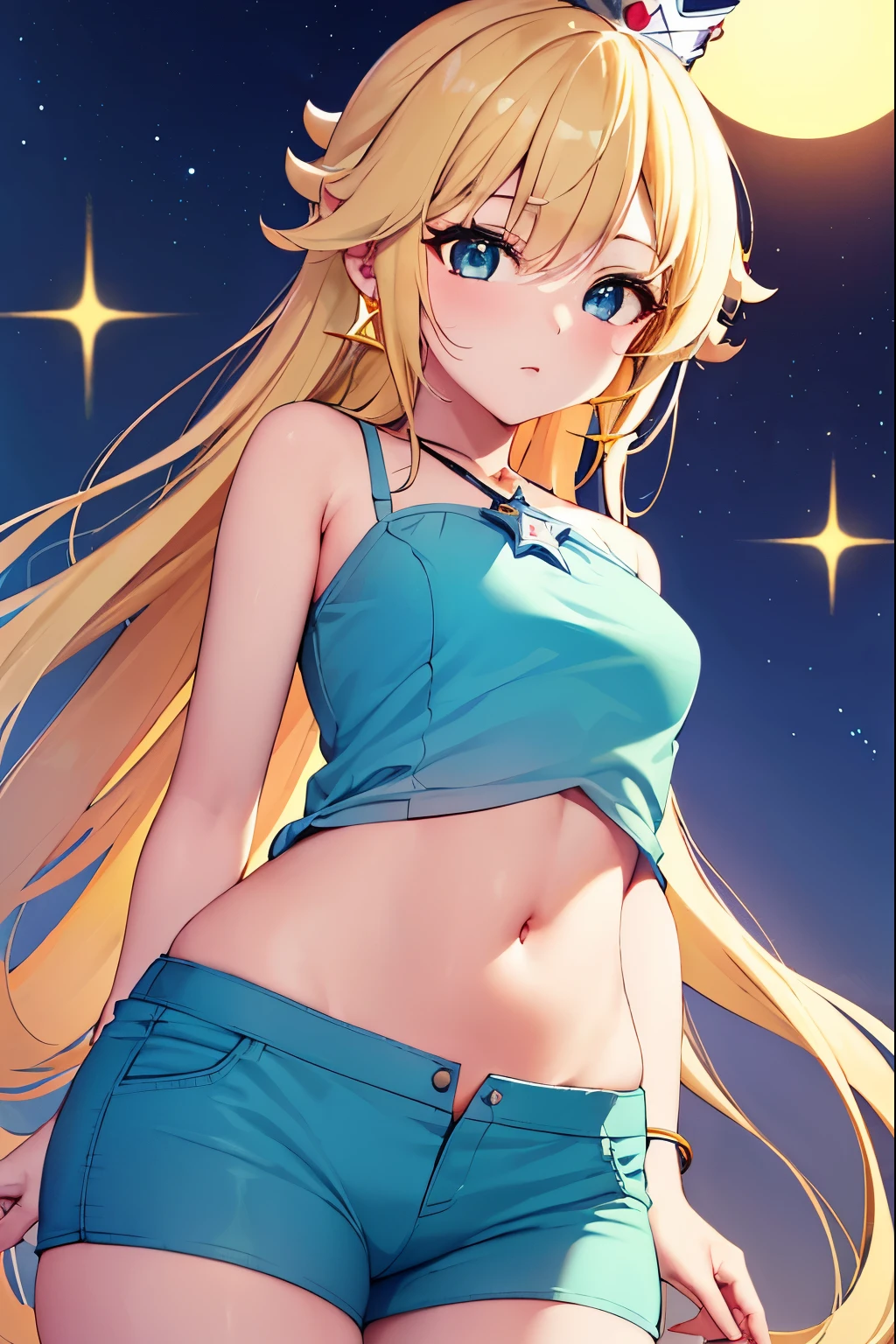 Rosalina, Rosalina, cabelo loiro, olhos azuis, cabelo sobre um olho, cabelo longo,seios pequenos, micro shorts, Calção branco, lower parte of the breasts showing, blouse lifted showing parte of the breasts, barriga aparecendo, coroa, Brincos, joia, princess , star Brincos, QUEBRAR night, night céu, céu, star\ (céu\), star \(símbolo\), espaço, Sol, QUEBRAR looking at the viewer, (foto de vaqueiro: 1.5), QUEBRAR (arte: 1.2 ), melhor qualidade, Alta resolução, papel de parede de unidade 8k, (artework: 0.8), (lindos olhos detalhados: 1.6), rosto extremamente detalhado, iluminação perfeita, CG extremamente detalhado, (mãos perfeitas, anatomia perfeita),