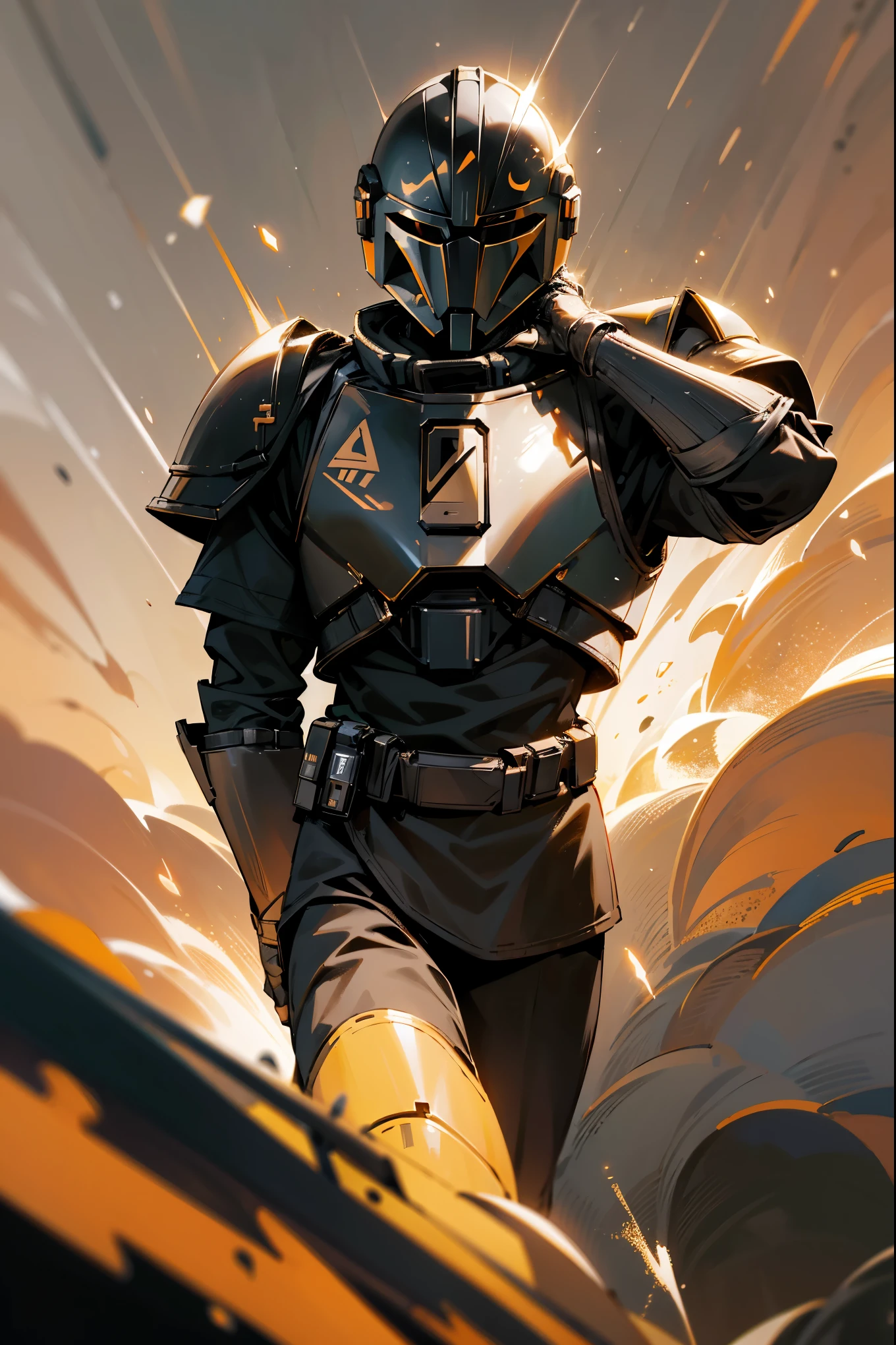 1male, space armor, black armor, black space armor, Mandalorian armor, black clothing, hands behind back, black hair, short hair, black eyes, serious expression, walking on path, sandy background, windy, space background