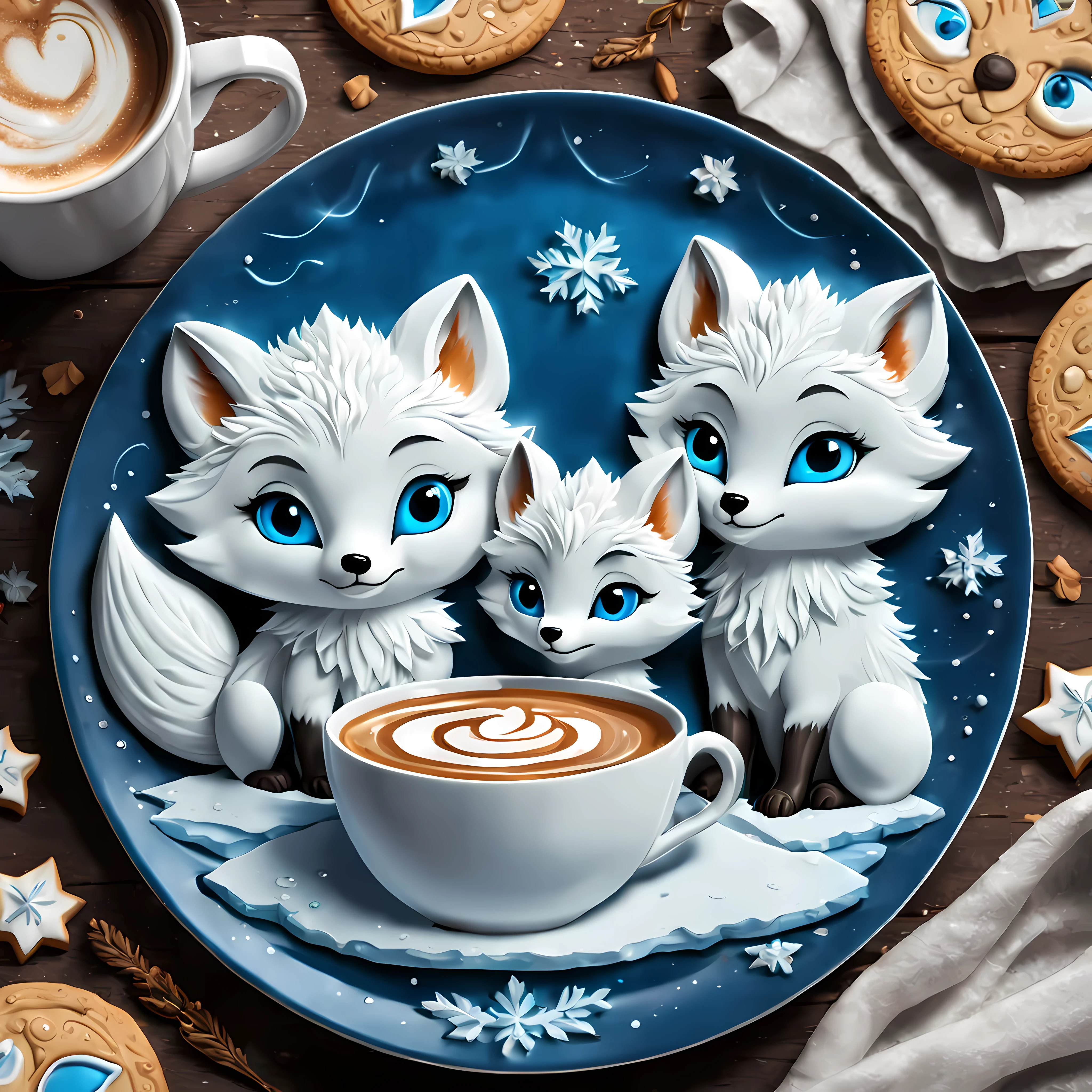 Cute cartoon style, masterpiece in maximum 16K resolution, close up of majestic cookies (shaped as arctic foxes). | (On an elegant rustic plate), a hot coffee. | Vivid blue eyes, delicate nature ornate. | ((More_Details))