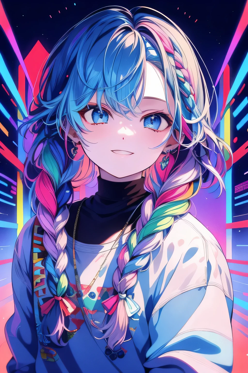 (highest quality, masterpiece:1.2),youth,rainbow colored hair,light blue eyes,alone,smile,Braid,Cyber shining space,