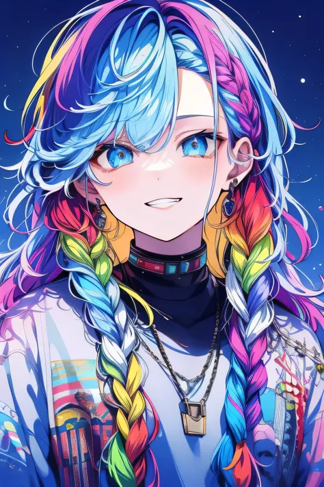 (highest quality, masterpiece:1.2),youth,rainbow colored hair,light blue eyes,alone,smile,braid,cyber shining space,