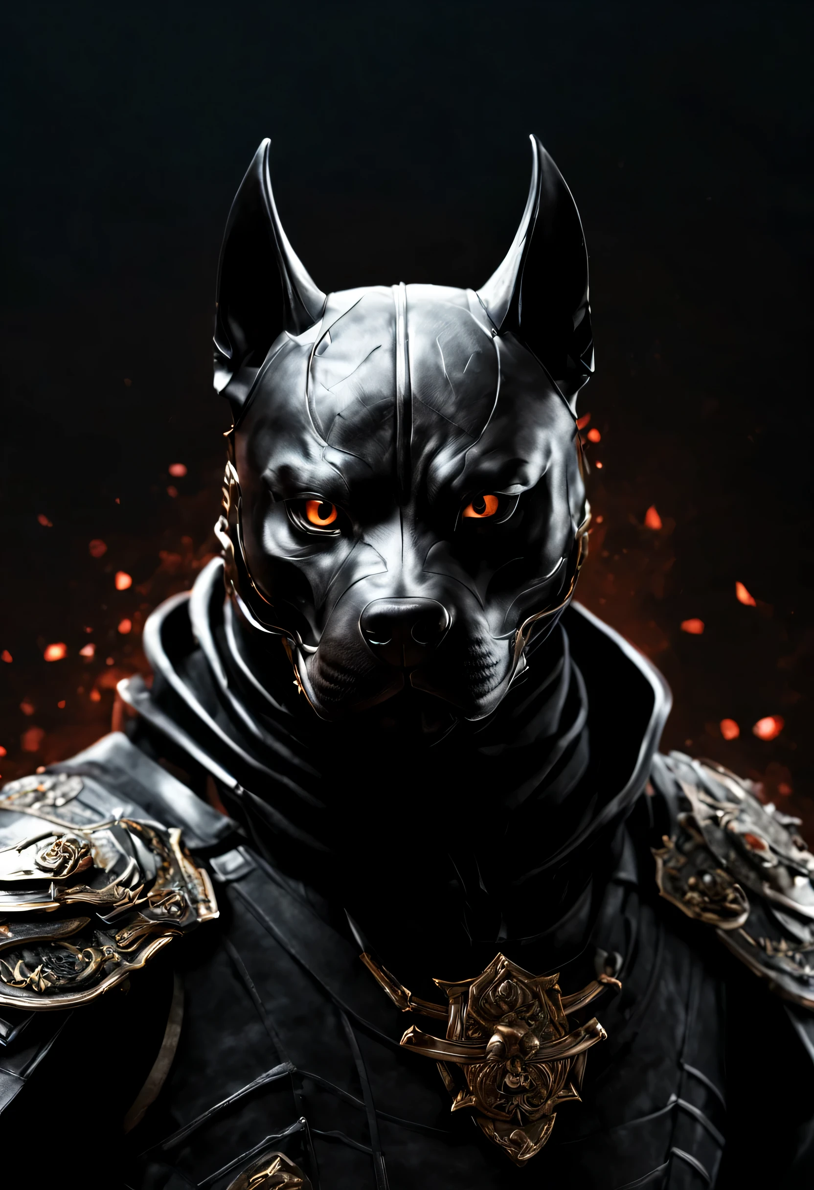 a pittbull dog, standing alone, shinobi, ninja, Shino Aburame, black coat with hood,, covered mouth, with a Japanese ninja mask, serious expression, Award Winning Digital Artwork, High definition, detailded,4K,realisitic,foto realisitic de um cachorro shinobi