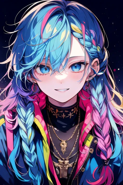 (highest quality, masterpiece:1.2),youth,rainbow colored hair,light blue eyes,alone,smile,braid,cyber shining space,