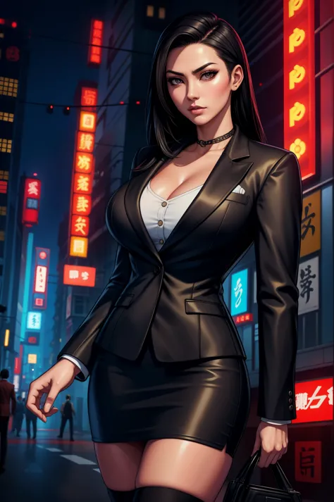 japanese yakuza mobster girl with a dark gray suit, miniskirt, pencil skirt, facial scar, stylish, hdr, intricate details, hyper...