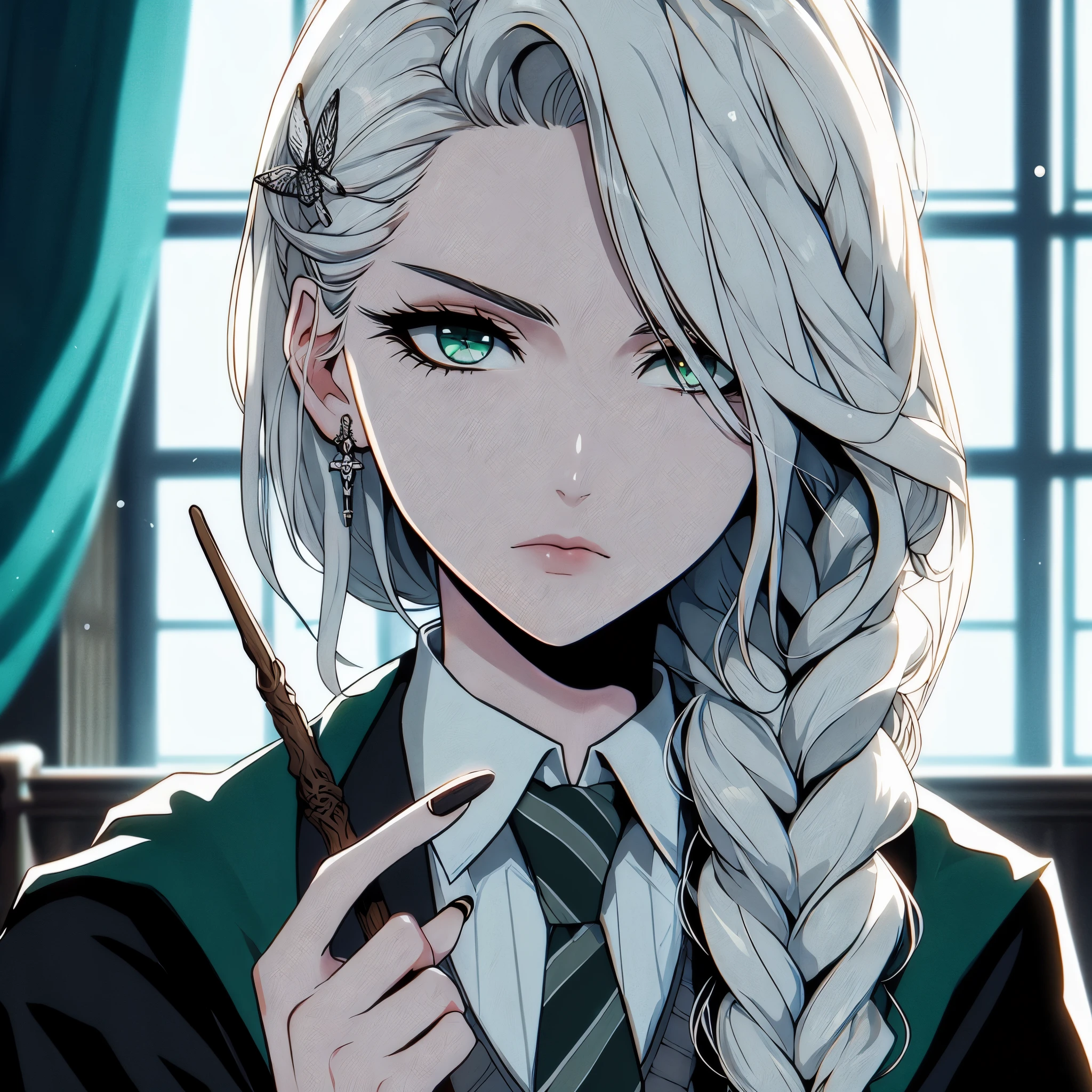 anime girl with long braid hair and green eyes holding a wand, perfect White-haired girl, White-haired, Girl with white hair, anime blonde with long hair, holding a wand, one girl has white hair, detailed drawing of an anime character, looks like Malfoy, grey-haired, with long white hair, Beautiful anime portrait, Detailed digital anime art, Stunning anime face portrait