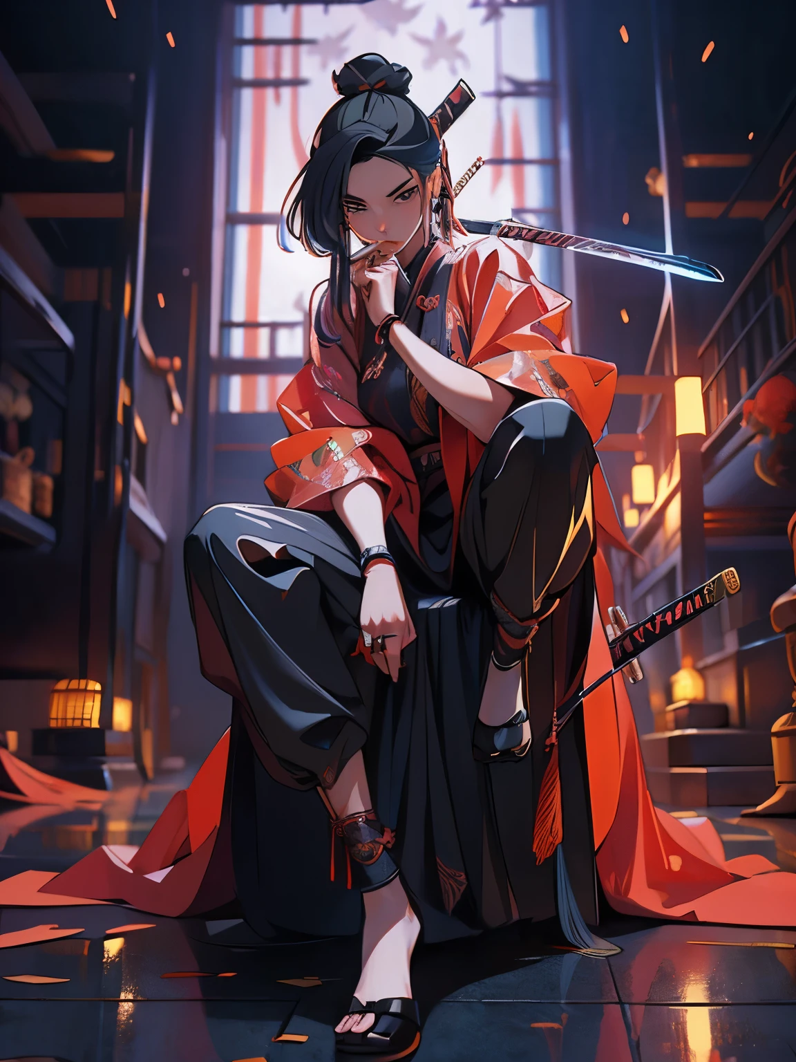 ((masterpiece)),  (high quality), 1woman, a drawing of a woman in a revealing kimono outfit holding a sword, she has long black hair, she is holding a katana sword, female samurai, inspired by Tōshūsai Sharaku, katana zero video game character, inspired by Nishikawa Sukenobu, inspired by Maki Haku, fox nobushi holding a naginata, black - haired mage