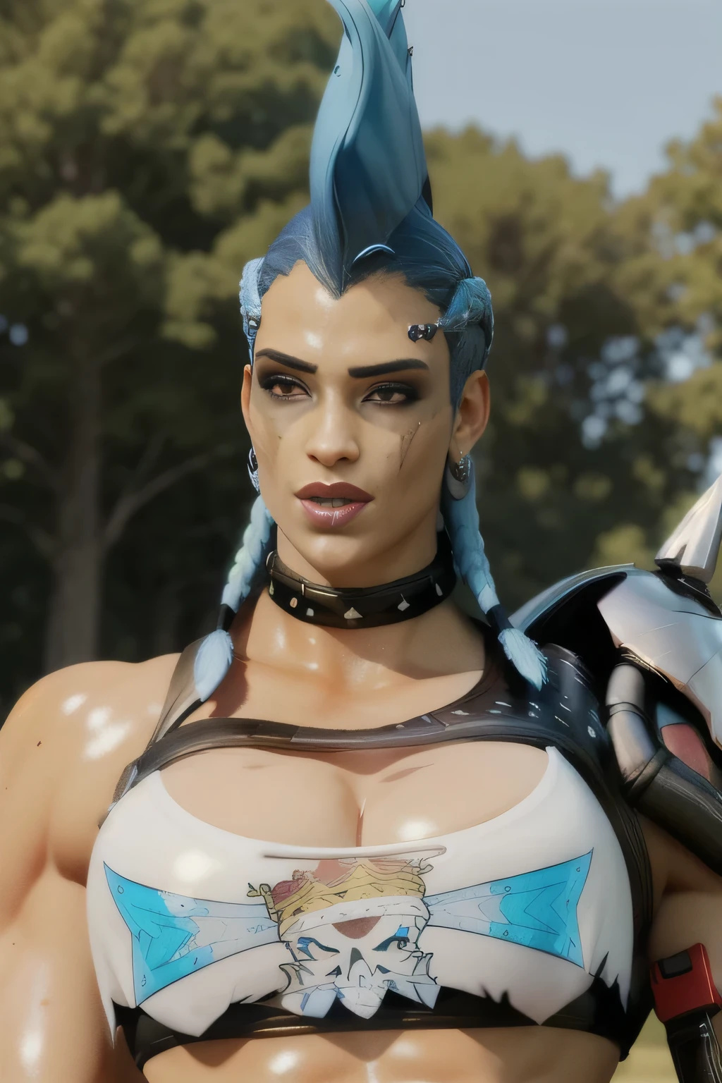 junker,blue hair,braids,mohawk,red eyes,piercing,face paint,makeup,midriff,collar,armor,collarbone,gauntlets,bare shoulders,single pauldron, standing, big breasts, outdoors,wasteland, showing her skin and muscles (insanely detailed, beautiful detailed face,beautiful detailed eyes, masterpiece, best quality),solo, nude