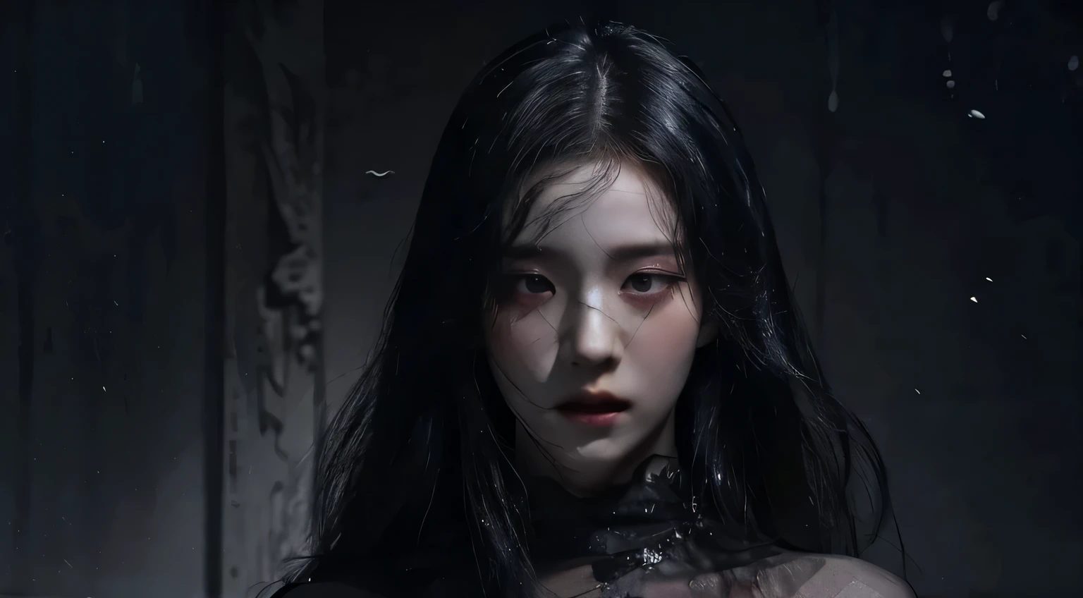 (best quality, highres:1.2), realistic, black dress, black hair, dark theme, black background, intense gaze, elegant posture, flowing dress, detailed facial features, long eyelashes, pale skin, Jisoo Kim, contrast, fine details, dramatic atmosphere, gothic style, intense emotions, monochrome color palette, captivating setting, haunting beauty, artistic photography, everything is black