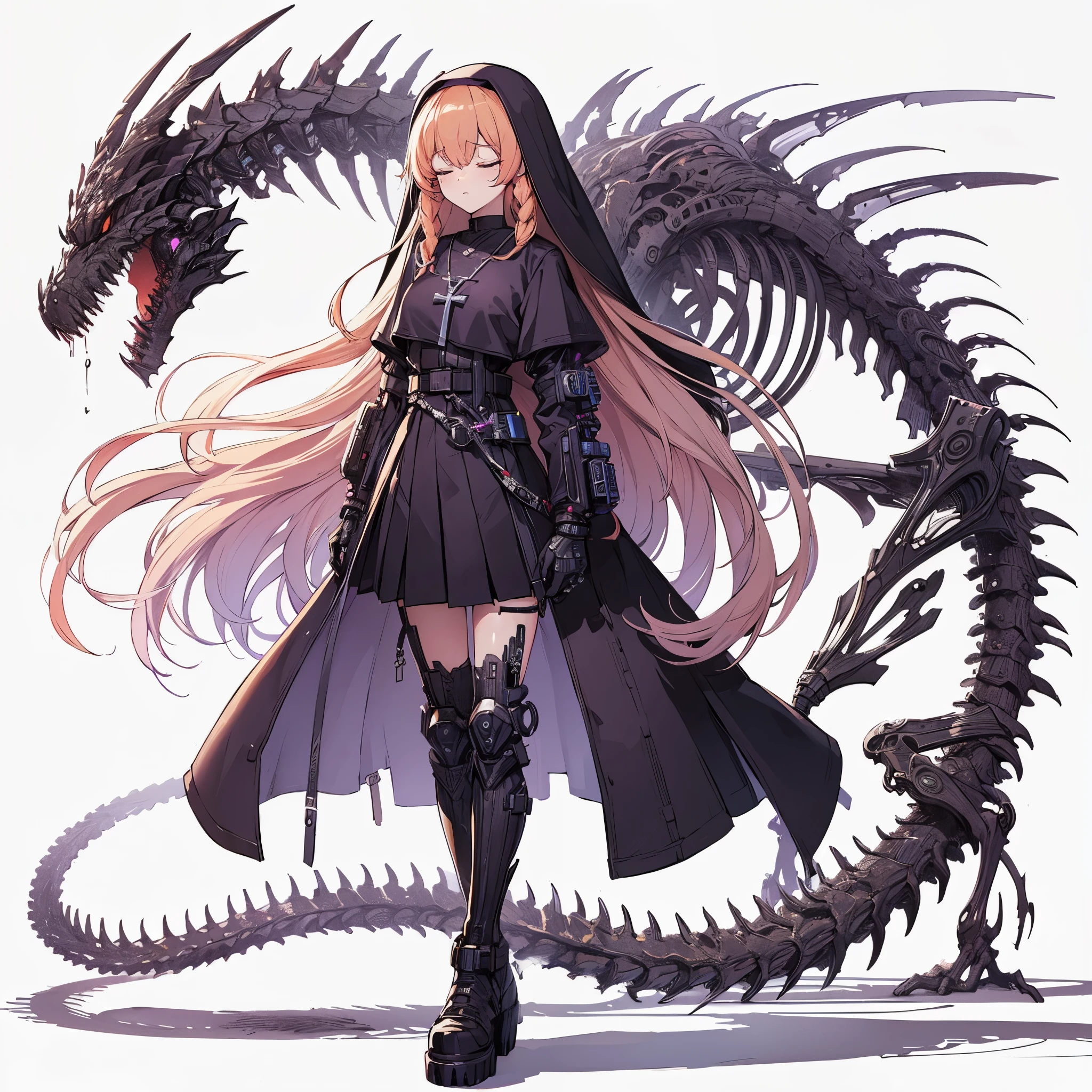 Chica anime con cabello largo y traje negro parada junto a un dragón. -  SeaArt AI