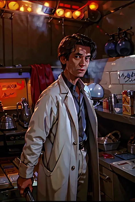 A 2D stylized scientist at a research laboratory holding a flamethrower, 80s retro, blonde male, in a lab coat, dark, horror-the...