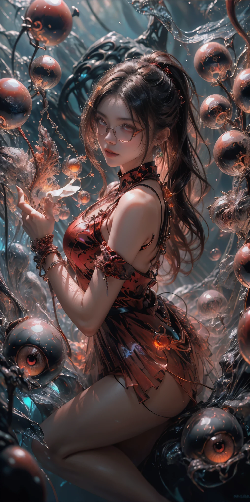 (The best illustrations)、realisitic、ultra-detailliert、The best lighting、Best Shadows、alluring succubus, ethereal beauty, perched on a cloud, (fantasy illustration:1.3), enchanting gaze, captivating pose, delicate wings, otherworldly charm, mystical sky, (Luis Royo:1.2), (Yoshitaka Amano:1.1), Dungeon and Dragon、caves、Dungeon、 A Necromancer、natta、Dark style、Succubus、Devil's Daughter、Bat Wings，(((Demon Hornlack-rimmed round glasses))))、(red eyes glowing:1.6)、​beautiful countenance、Tindall Effect、(High Detail Skins:1.2) absurderes、Ponytail distortion、jewely、Beautiful expression、Toned waist、Wide buttocks、Tindall Effectmasuter piece、top-quality、Highest Standards、Top image quality、masutepiece、intricate detailes、High resolution、Depth Field、natural soft light、profetional lighting、Great smile、(High Detail Skin: 1.2)、photorealistic anime girl render、Strong highlights of the eyes、Perfect Anatomy、crotch open、Shy、Spreading your legs、Panties are visible、Skirt flipping、Body shiny with oilerectile nipple))、8K resolution、intricate clothing、Intricate details