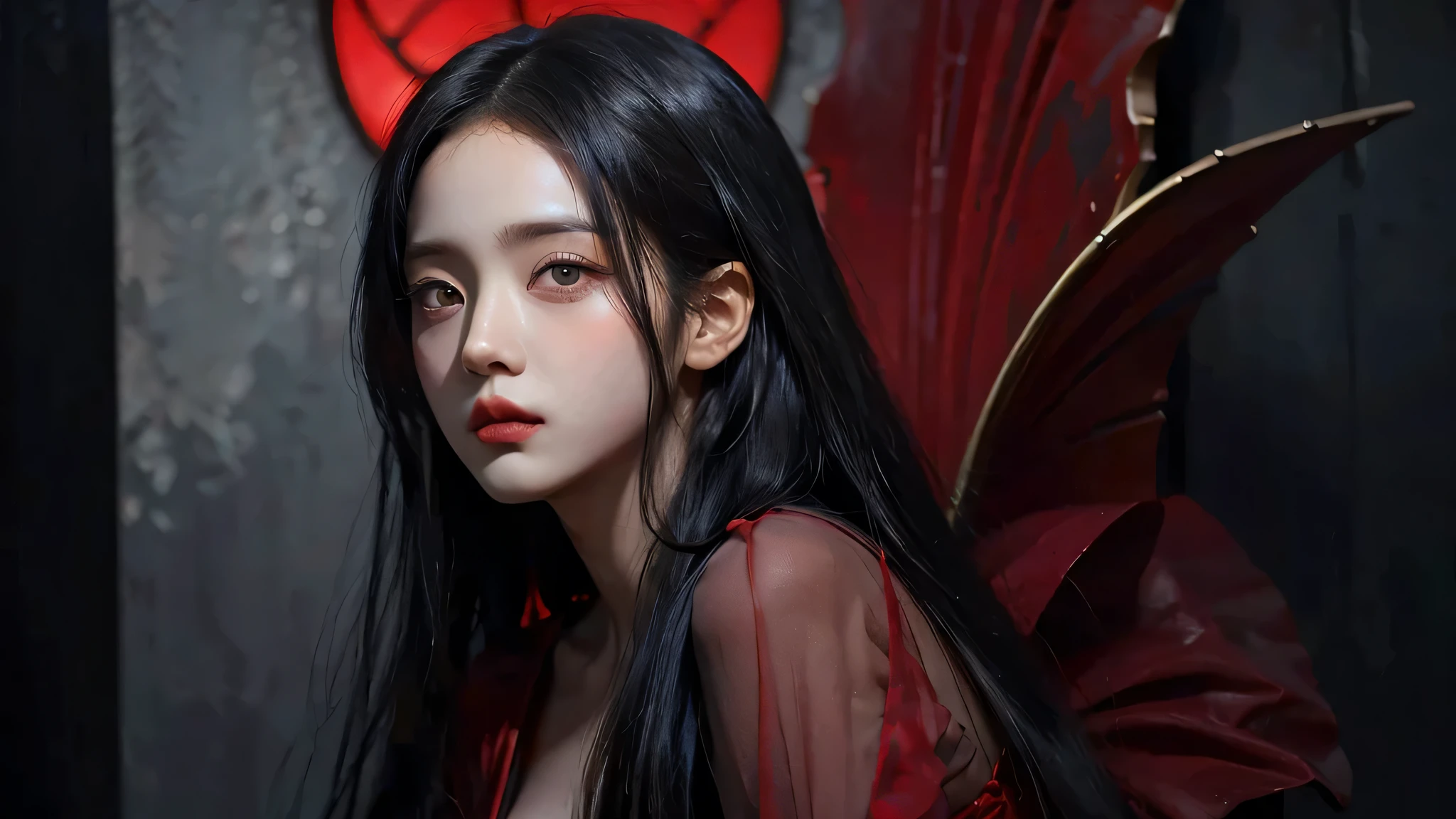 (best quality, highres:1.2, detailed-face, detailed eyes, detailed, mouth, perfect face, masterpiece), realistic, red dress, black hair, black eyes, asian face, red theme, hell fire room background, red princess, intense gaze, intense style, elegant posture, flowing dress, detailed facial features, long eyelashes, contrast, fine details, dramatic atmosphere, gothic style, intense emotions, monochrome color palette, captivating setting, haunting beauty, artistic photography, everything is red