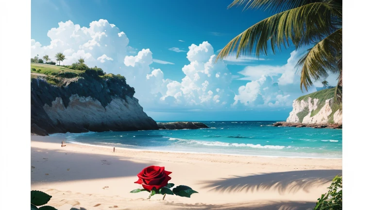 Creates an image of a beach landscape with Generates an image of a red rose, avec des pétales brillants et une tige épineusec des palmiers, une mer bleue et des nuages blancs.