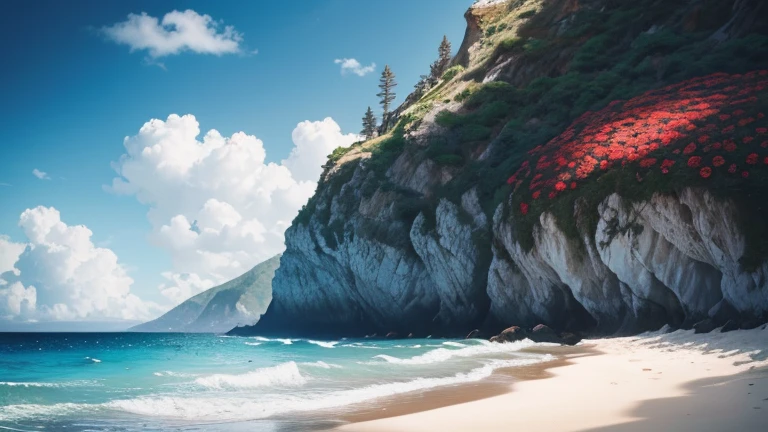 Creates an image of a beach landscape with Generates an image of a red rose, avec des pétales brillants et une tige épineusec des palmiers, une mer bleue et des nuages blancs.