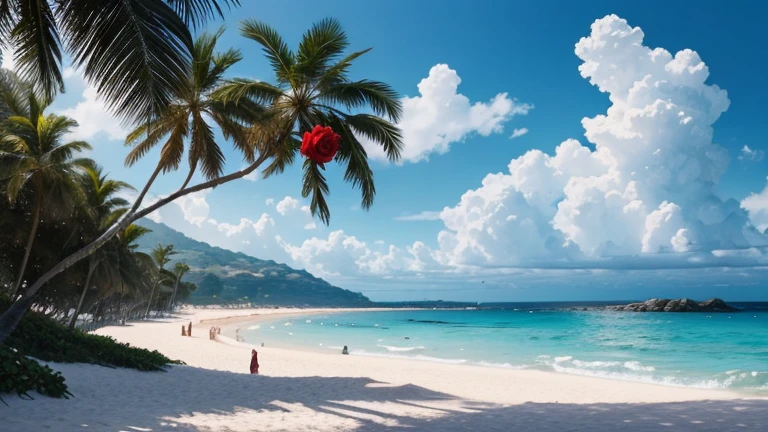 Creates an image of a beach landscape with Generates an image of a red rose, avec des pétales brillants et une tige épineusec des palmiers, une mer bleue et des nuages blancs.