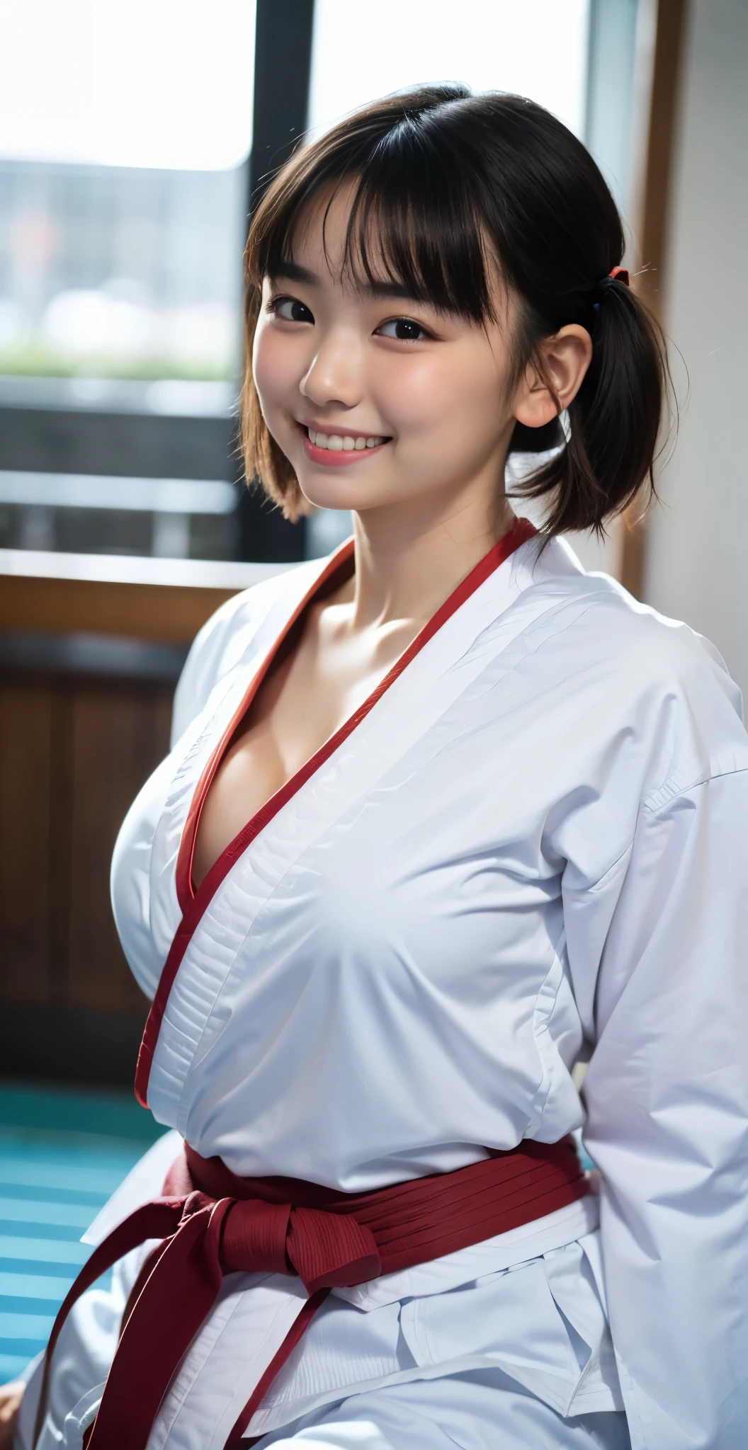 （8k、Raw photography、highest quality、masterpiece：1.2),(black haired、very short hair:1.8),(short twin tails:1.4)、show viewer,Looking at the front,erotic,white skin,(wearing a karate kimono:1.7)、(dojo)、(Clothing that emphasizes the shape of your chest、exposing skin:1.7)、(big breasts :1.4)、slim body shape、ultra high resolution,beautiful,beautiful fece,(alone, alone、no background:1.9),whole bodyボディー,japanese woman,（Photoreal：1.37）、photon mapping,reality、(Baby-faced and cute: 1.4)、(cute smile: 1.7)、(With a round face: 1.9)、radio city、Physically based rendering、depth of field rally background、photograph, (I can see your knees,close up of thighs:1.4),whole body、super fine