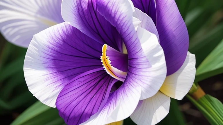 Create an image of an iris, with purple petals and white streaks.