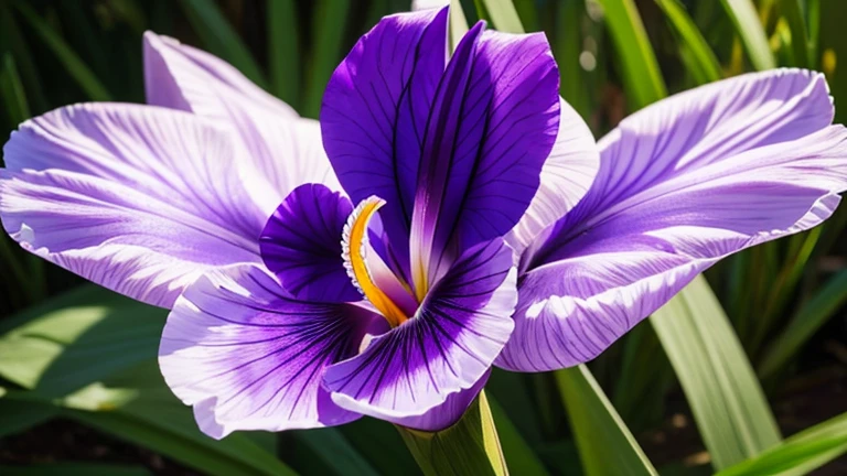 Create an image of an iris, with purple petals and white streaks.