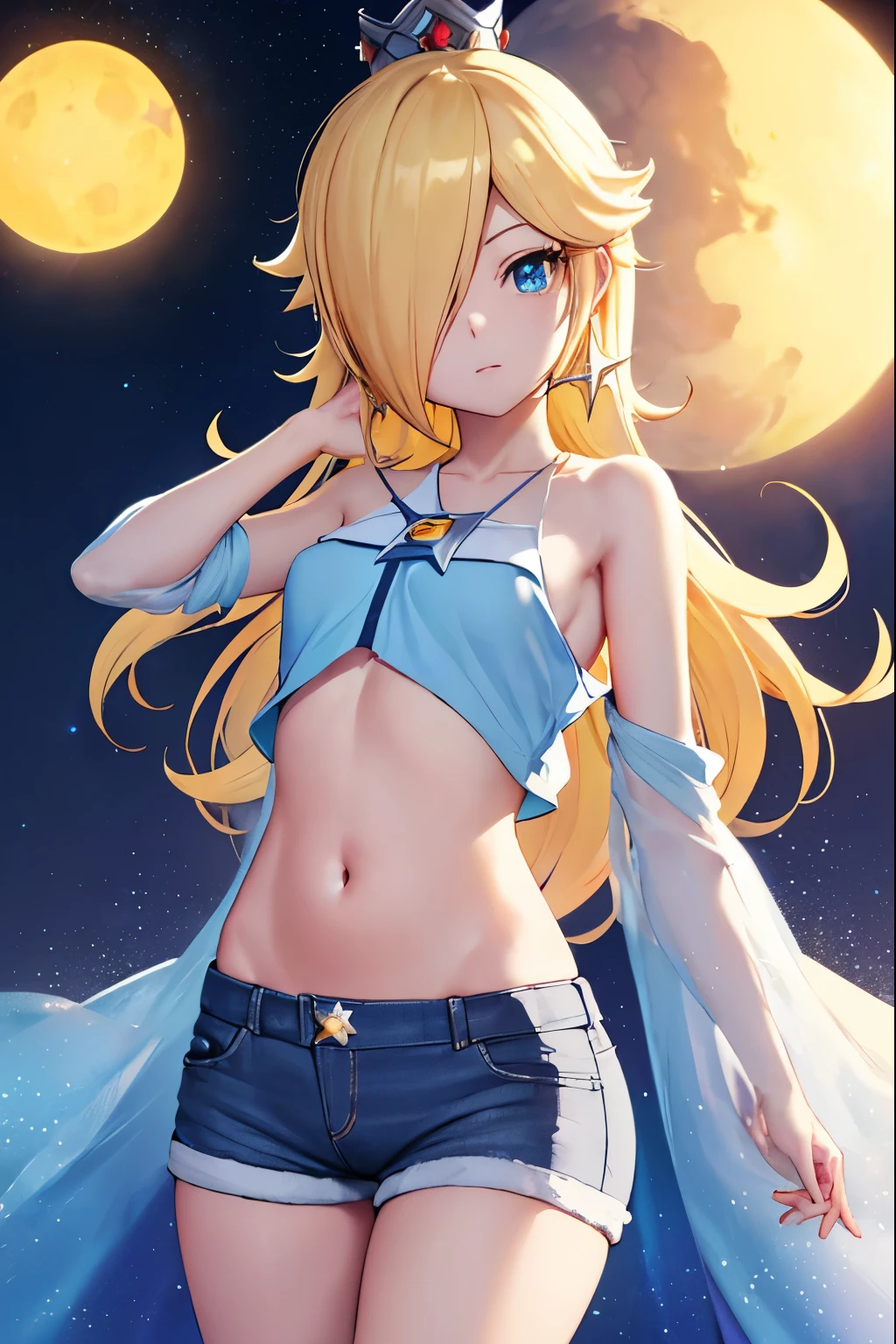 Rosalina, Rosalina, Blonde hair, blue eyes, hair over one eye, long hair,small breasts, micro shorts, white shorts, lower part of the breasts showing, blouse lifted showing part of the breasts, belly showing, crown, earrings, jewelry, princess , star earrings, BREAK night, night sky, sky, star\ (sky\), star \(symbol\), space, sun, BREAK looking at the viewer, (cowboy photo: 1.5), BREAK (art: 1.2 ), best quality, high resolution, 8k unity wallpaper, (artwork: 0.8), (beautiful detailed eyes: 1.6), extremely detailed face, perfect lighting, extremely detailed CG, (perfect hands, anatomy perfect),