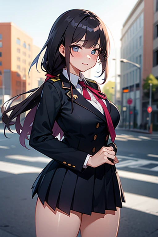 anime girl in school uniform posing in a city street, a character portrait inspired by Li Shida, trending on pixiv, digital art, fine details. girls frontline, girls frontline style, from girls frontline, magical school student uniform, female protagonist 👀 :8, anime visual of a cute girl, jk uniform, magic school uniform, detective clothes, kawacy, topless, hot, horny.