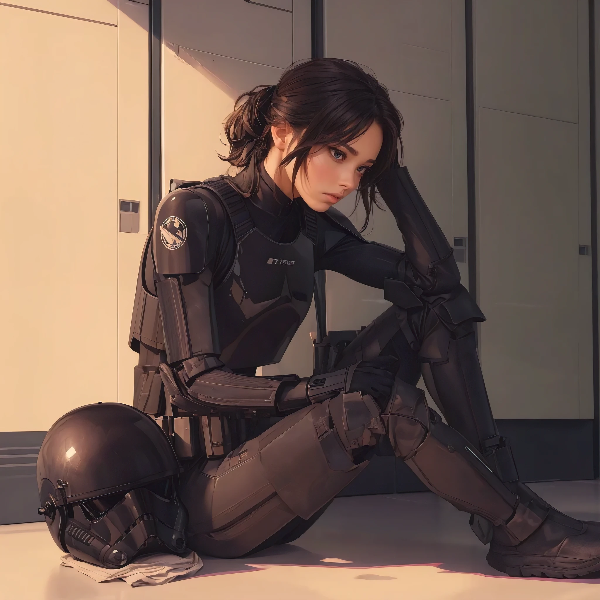 (chef-d&#39;œuvre, battre la qualité, Ultra-détaillé:1.3), femme stormtrooper, assis dans le vestiaire de l&#39;armurerie, armure de pilote noire, casque noir sur le sol, Tout le corps, Conception de personnages simple
