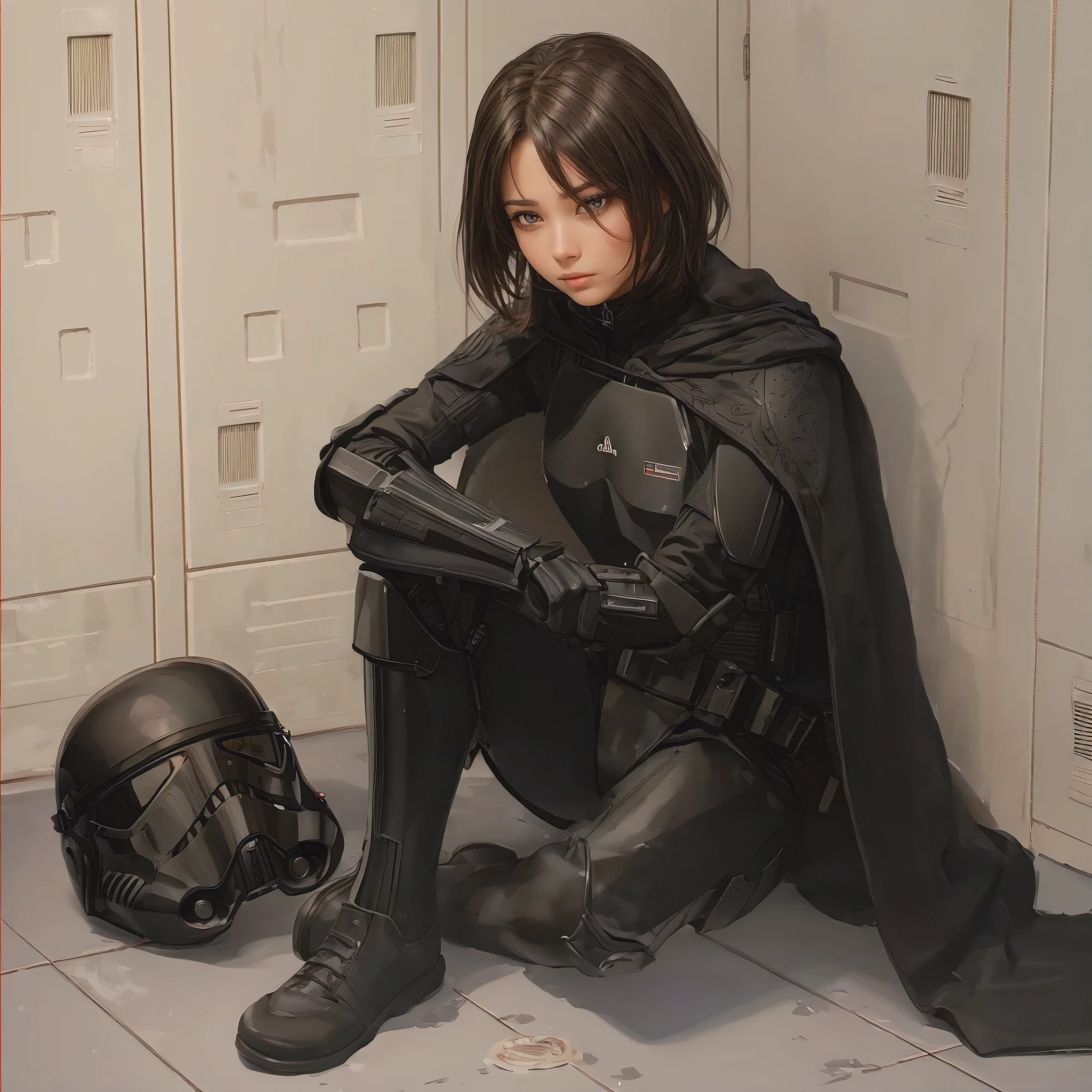 (杰作, 节拍质量, 极其详细:1.3), 女冲锋队员, 坐在军械库更衣室里, 黑色飞行员装甲, 地板上的黑色头盔, 全身, 简单的角色设计