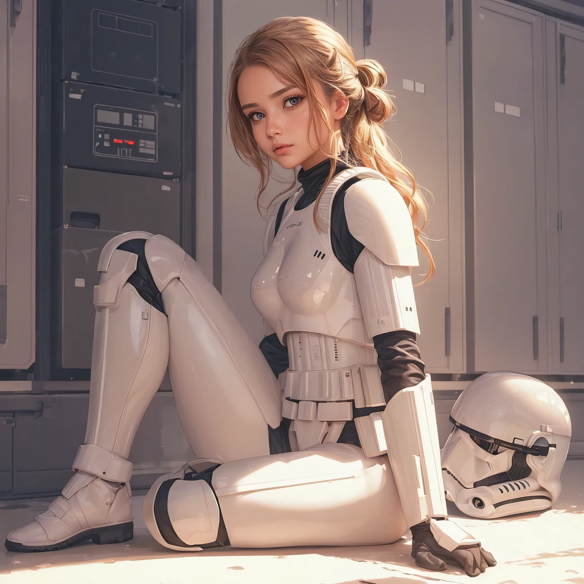 (masterpiece, beat quality, ultra-detailed:1.3), female stormtrooper, sitting in armory locker room, helmet on the floor, Full body, simple Character design