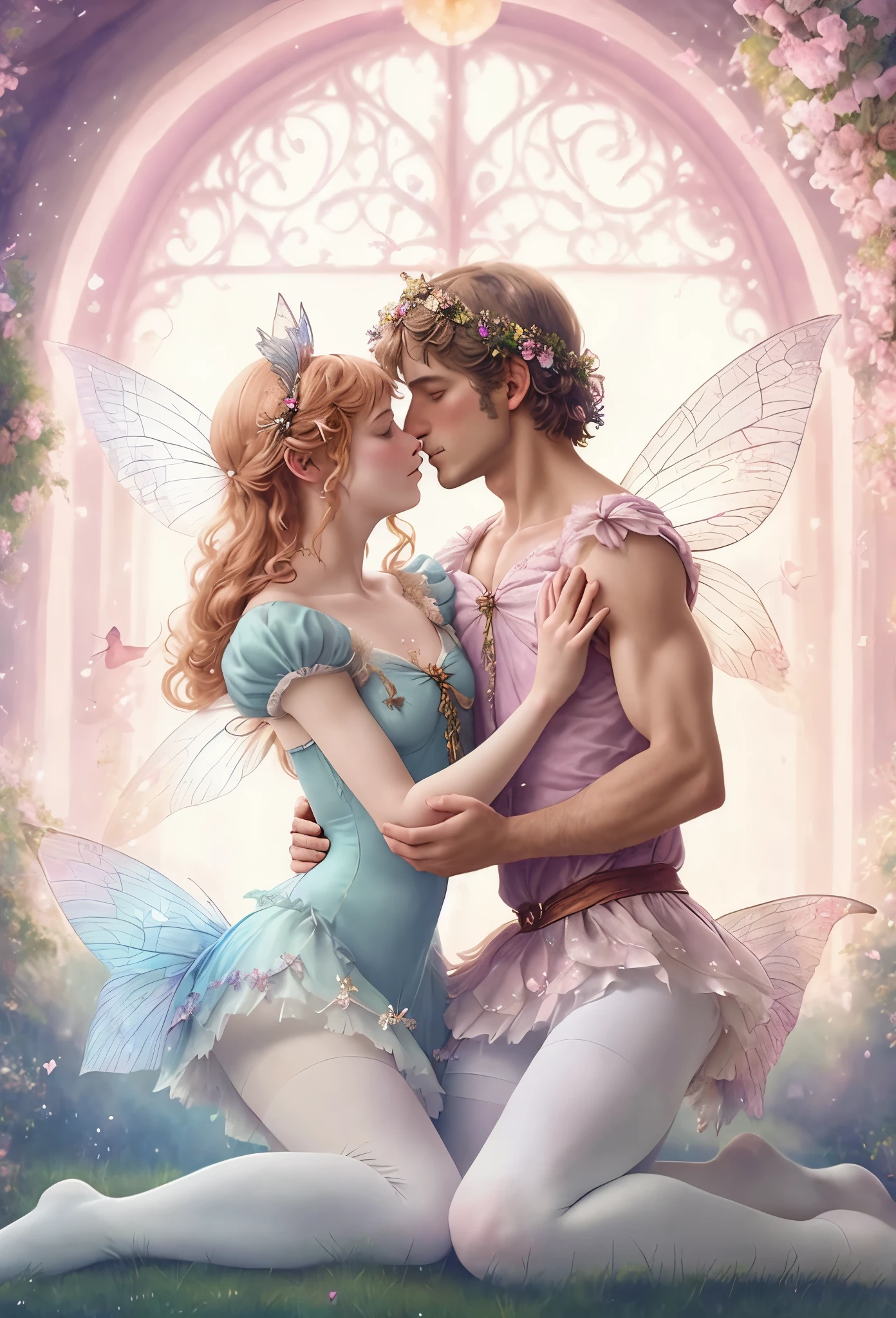 a man and woman dressed in fairy costumes and white tights are kissing each other, beautiful fairies, romance fantasy movie, fantasy fairytale story, romantic storybook fantasy, very magical and dreamy, fairy aesthetics, beautiful fantasy art, very beautiful fantasy art, faeries, lovely kiss, beautiful fantasy, art of edouard bisson, fairies, ethereal fairytale, beautiful fairie, romance novel cover